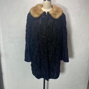VTG 50s Toronto Furs Black Persian Lamb Coat Genuine Mink Collar **SEE‎ READ**